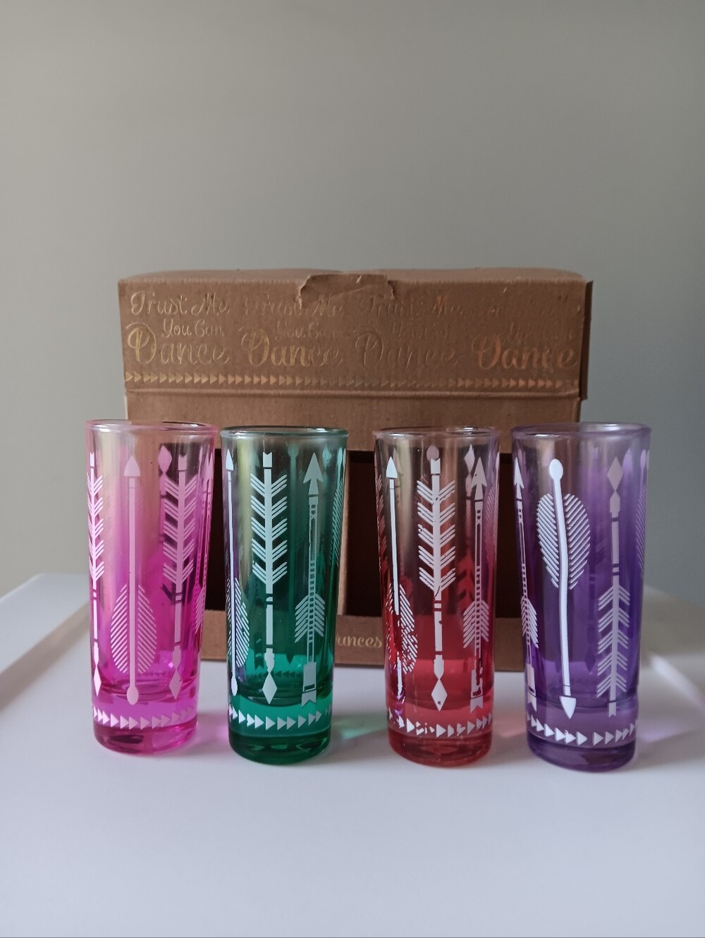 Boxed Set of 4 Tall Shooter Shot Glasses Arrows Pink Purple Green Red 2 Ounces